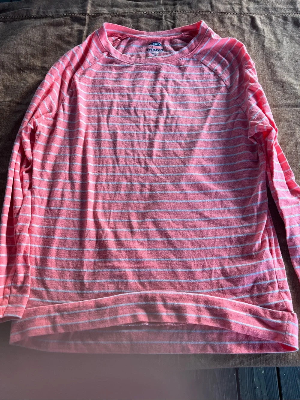 Old Navy Men's Coral and White Striped Long-Sleeve Tee